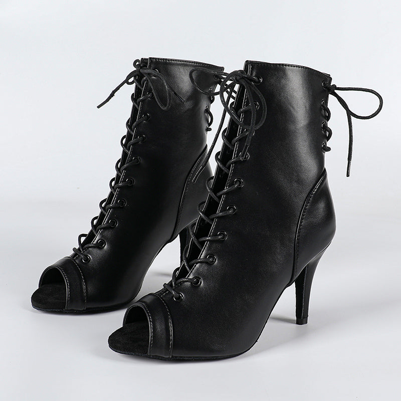Women's Black Suede Sole Customized Heel JazShoes Lace-up Dance Heels Boots