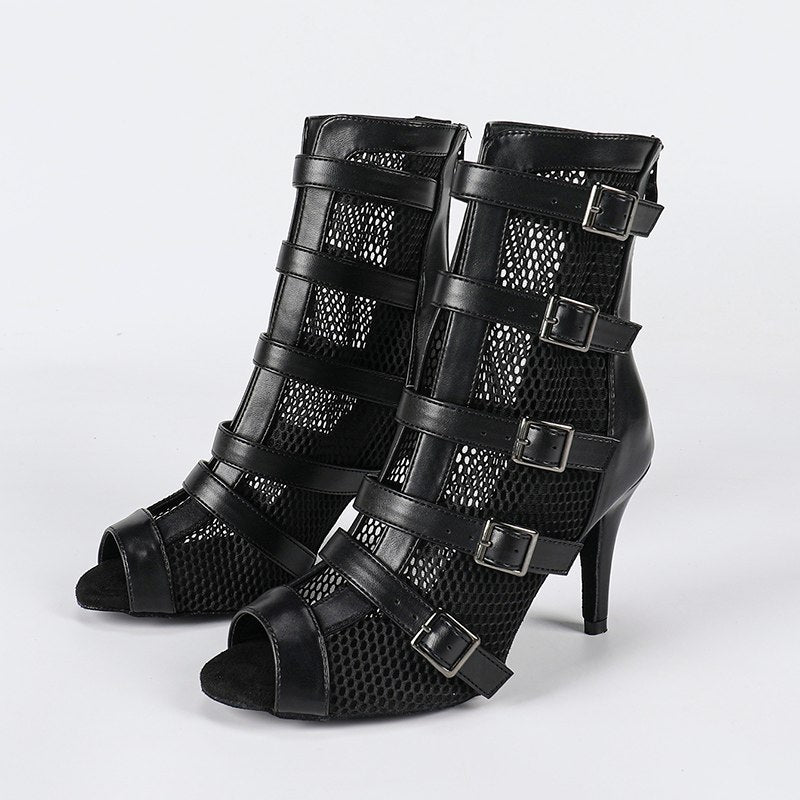 Women's Black Leatherette Customized Open Toe Heels Dance Boots JazSalsa Dancing Shoes