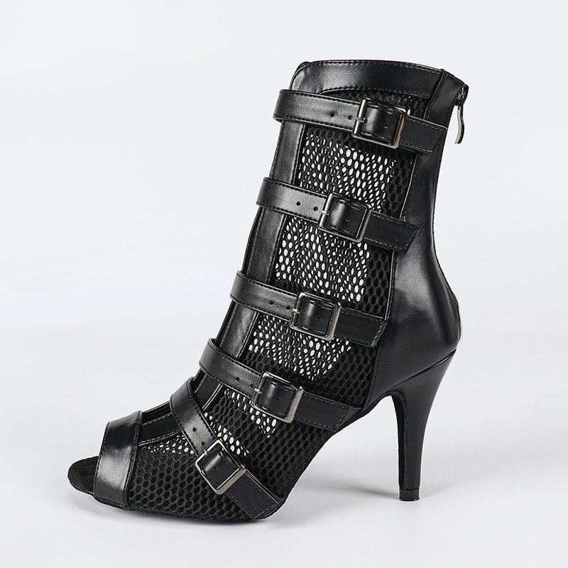 Women's Black Leatherette Customized Open Toe Heels Dance Boots JazSalsa Dancing Shoes