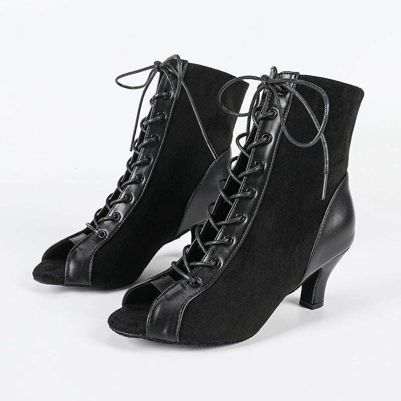 Women's Black Real Leather Customized Heel Dance Boots JazSalsa Dance Shoes