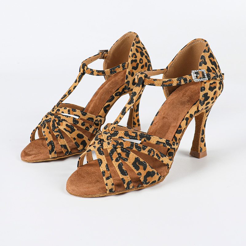 Women's Customized Heel Leopard T-Strap Latin Dance Shoes Ballroom Dance Shoes