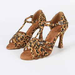 Women's Customized Heel Leopard T-Strap Latin Dance Shoes Ballroom Dance Shoes