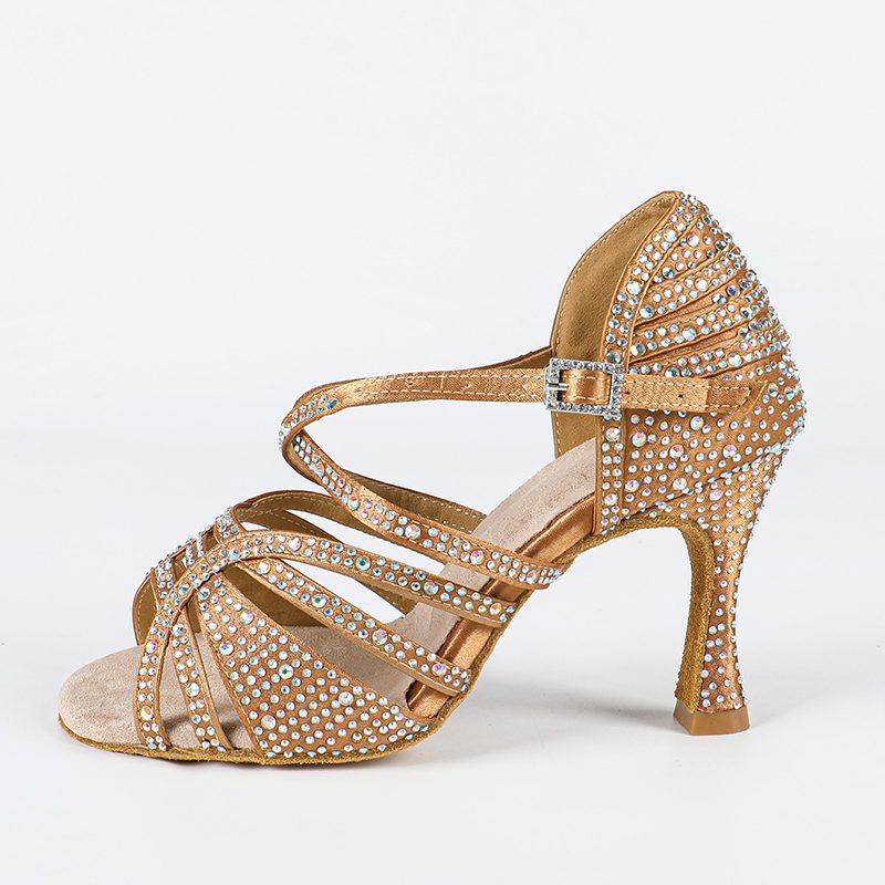 Women's Bronze Satin Strappy Rhinestone Customized Heel Ballroom Dance Shoes