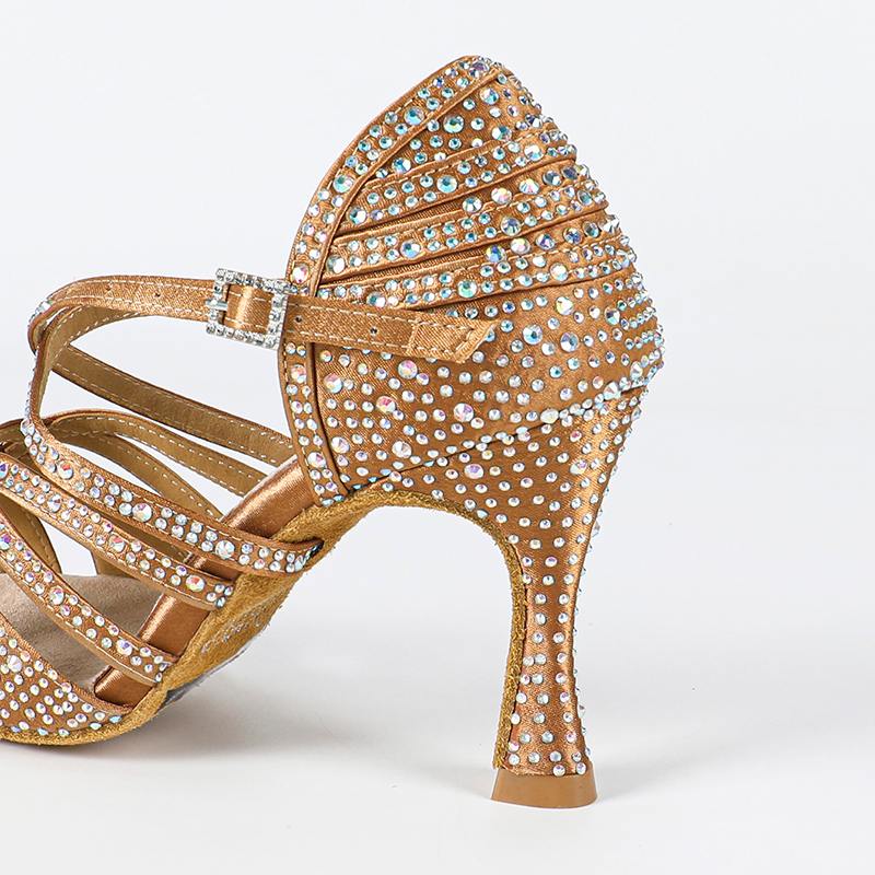 Women's Bronze Satin Strappy Rhinestone Customized Heel Ballroom Dance Shoes