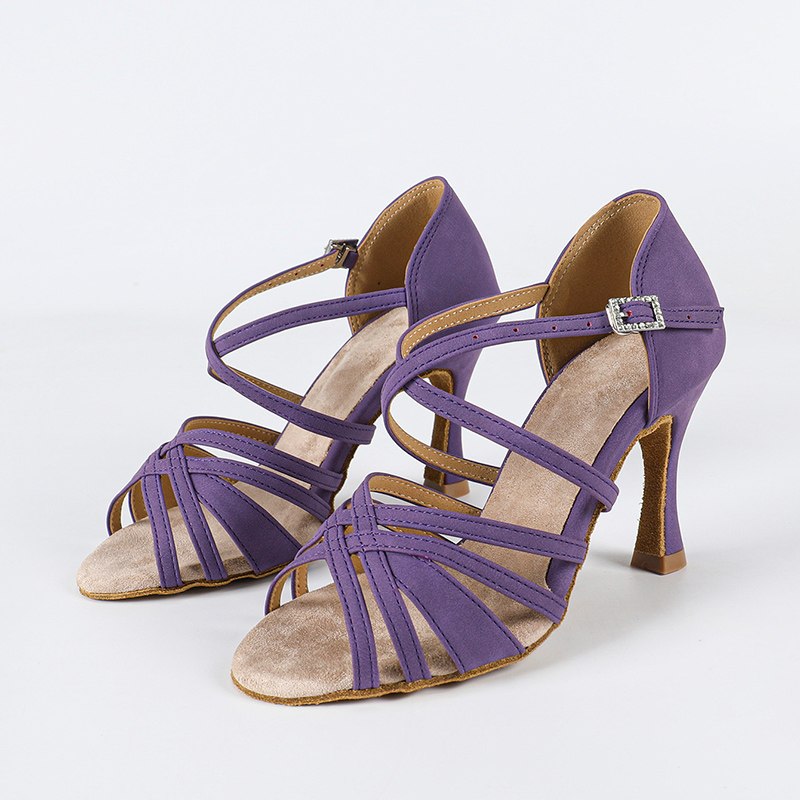 Women's Purple Orange Suede Customized Heel Ankle Strap Ballroom Latin Dance Shoes