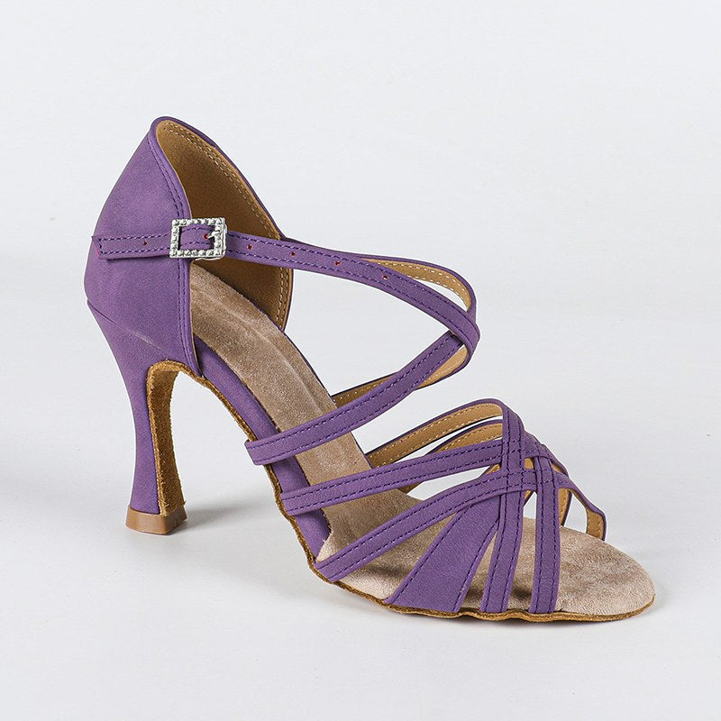 Women's Purple Orange Suede Customized Heel Ankle Strap Ballroom Latin Dance Shoes
