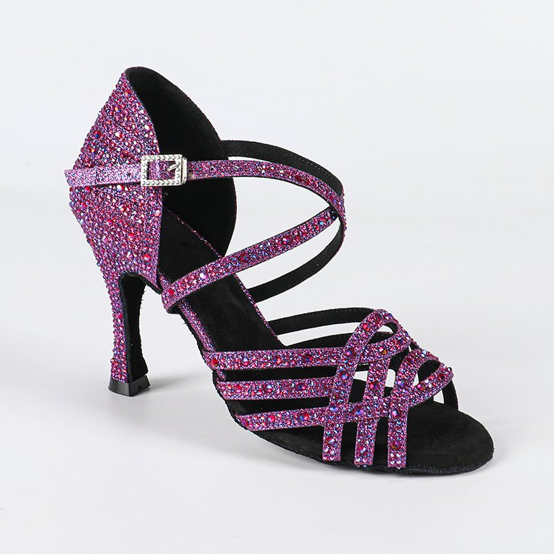 Women's Purple Customized Heel Rhinestones Strappy Dance Shoes