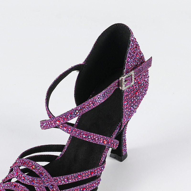 Women's Purple Customized Heel Rhinestones Strappy Dance Shoes