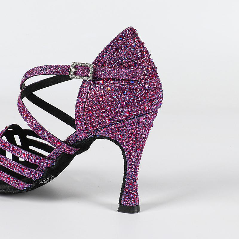 Women's Purple Customized Heel Rhinestones Strappy Dance Shoes