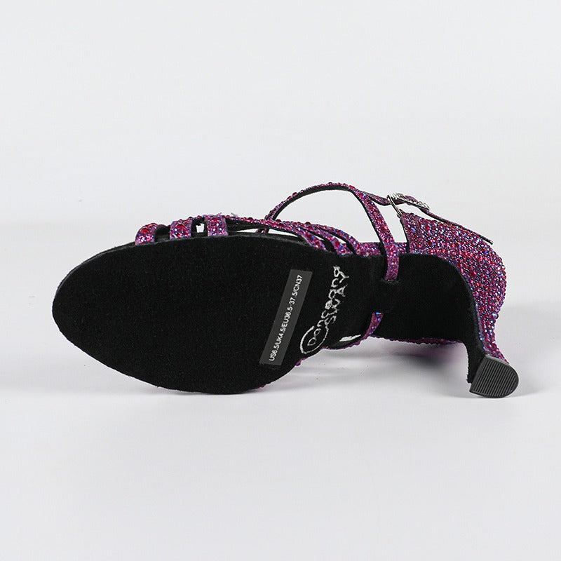 Women's Purple Customized Heel Rhinestones Strappy Dance Shoes