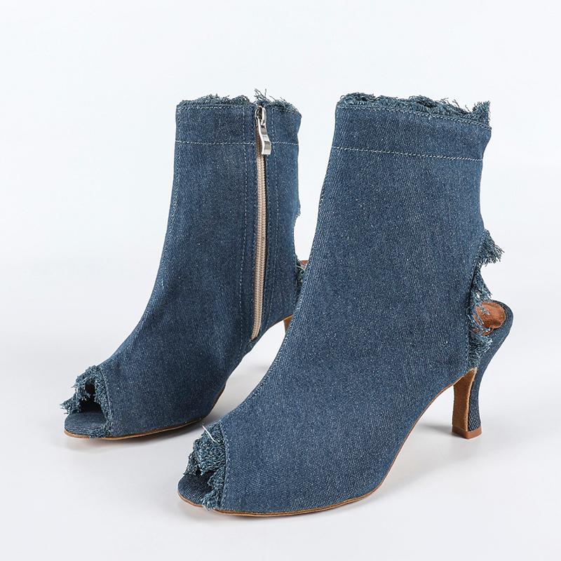 Women's Blue Denim Customized Heel Dance Boots Salsa JazDance Shoes