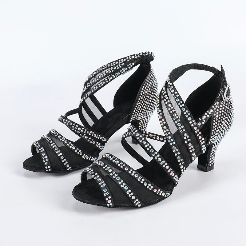 Women's Black Satin Rhinestone Customized Heel Salsa Latin Dance Shoes