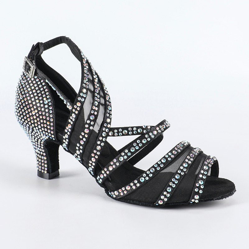 Women's Black Satin Rhinestone Customized Heel Salsa Latin Dance Shoes
