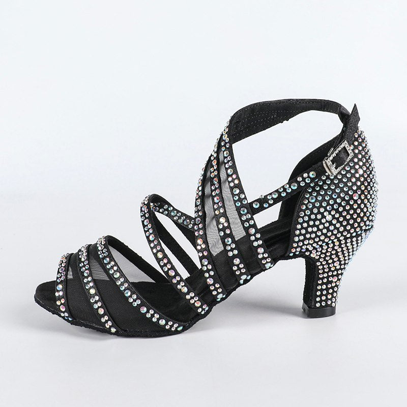 Women's Black Satin Rhinestone Customized Heel Salsa Latin Dance Shoes