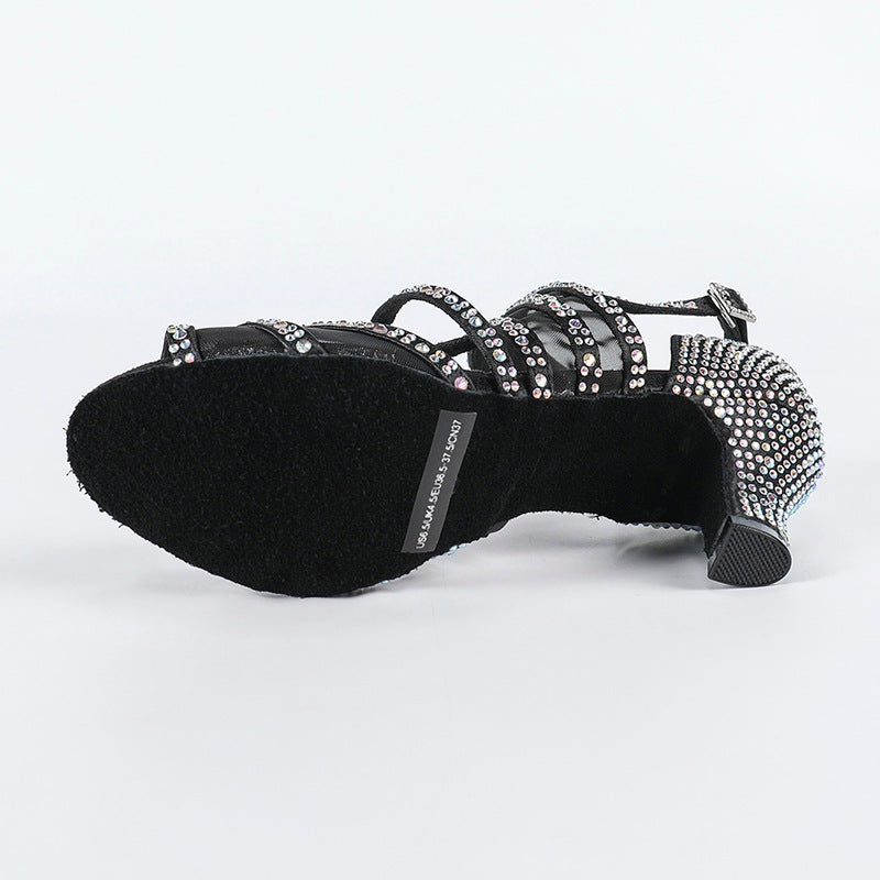 Women's Black Satin Rhinestone Customized Heel Salsa Latin Dance Shoes
