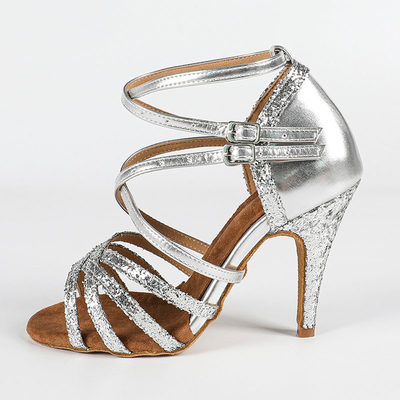 Women's Silver Leatherette Sparkling Glitter Customized Heel Dance Shoes Ballroom Dance Shoes