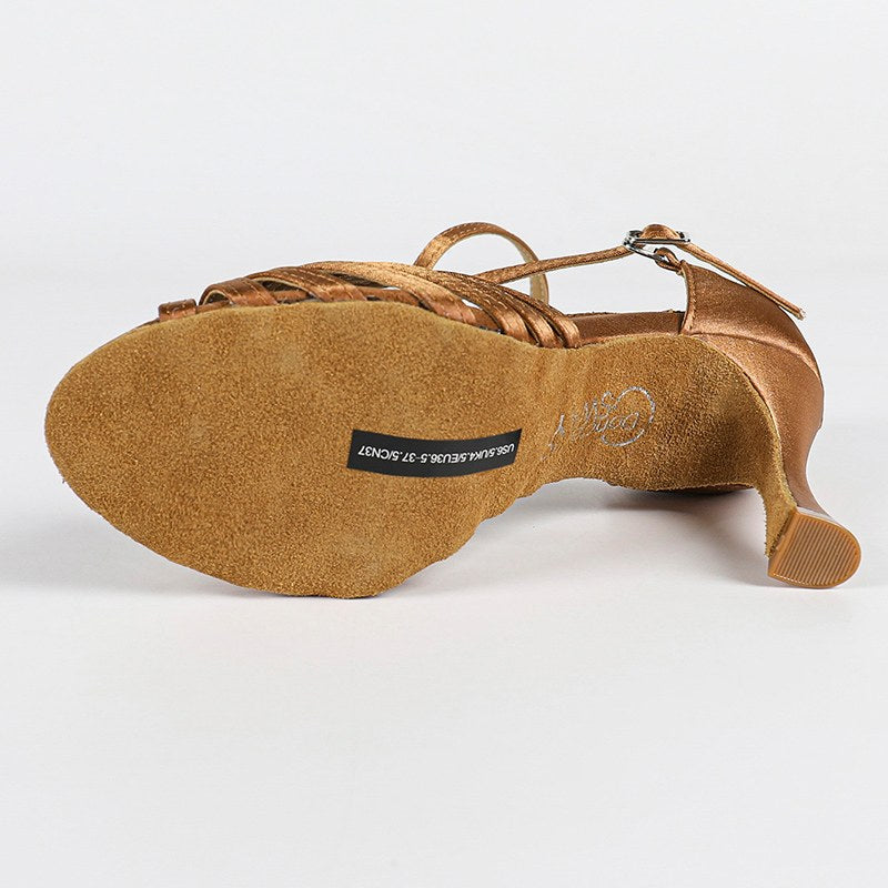 Women's Brown Customized Heel Strappy Knot Dance Heels Latin & Ballroom Dance Shoes