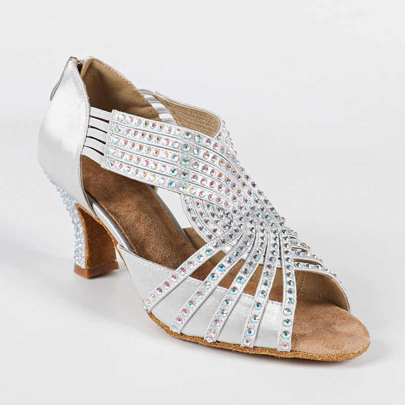 Women's Silver Customized Heel Strappy Satin Rhinestones Sandal Bride Dance Shoes
