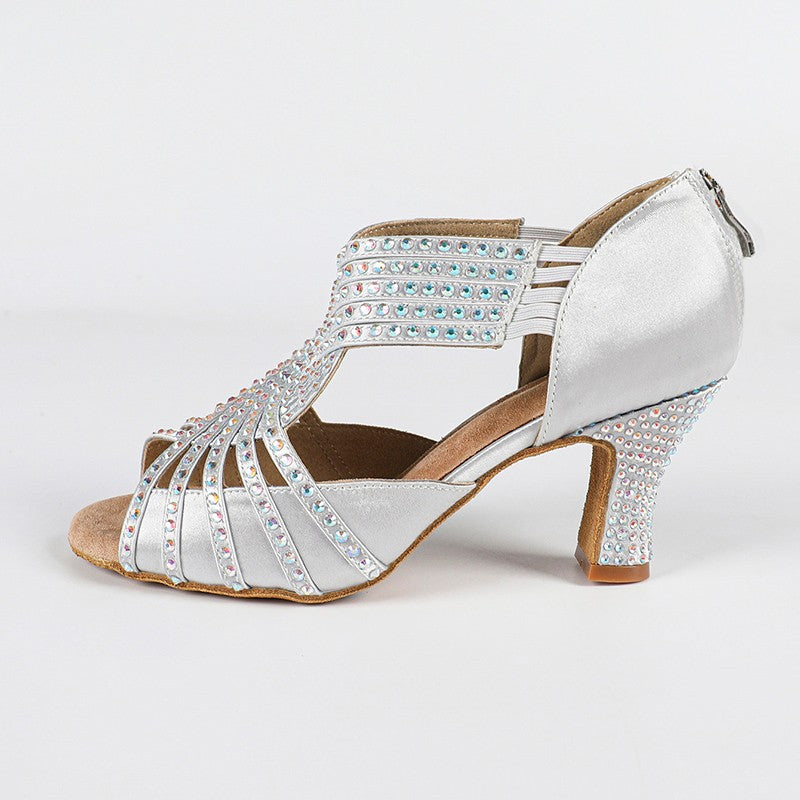 Women's Silver Customized Heel Strappy Satin Rhinestones Sandal Bride Dance Shoes