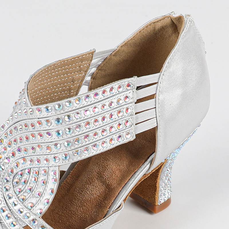 Women's Silver Customized Heel Strappy Satin Rhinestones Sandal Bride Dance Shoes