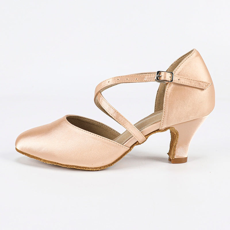 Women's Flesh Pink Satin Customized Heel Closed Toe Ballroom Dance Shoes Modern Shoes