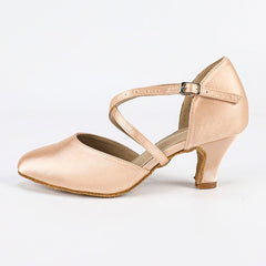 Women's Flesh Pink Satin Customized Heel Closed Toe Ballroom Dance Shoes Modern Shoes