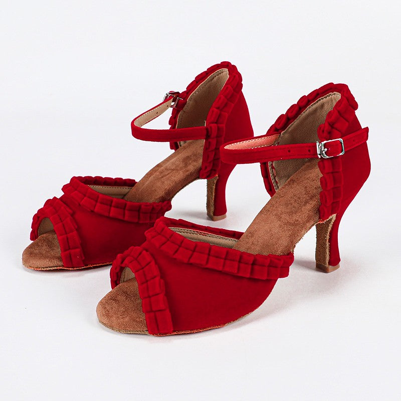 Women's Customized Heel Red Velvet Latin Shoes Ballroom Dance Shoes