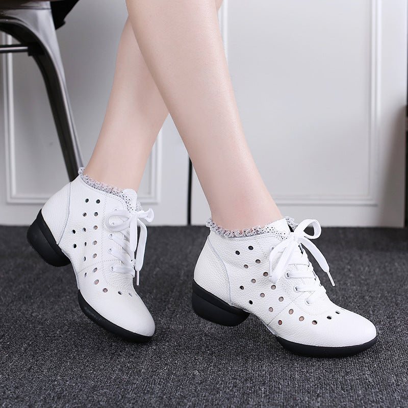 Women's Leather Hollow Out Lace-up 4cm Heel Dance Sneakers Practice Dance Shoes JazDance
