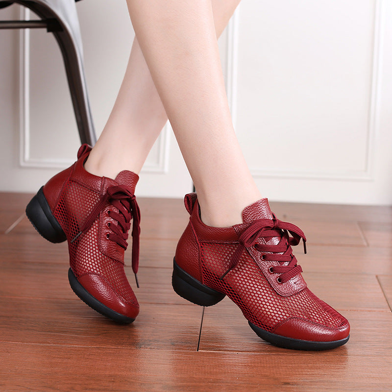 Women's Leather Mesh Lace-up 4cm Heel Dance Sneakers Practice Dance Shoes JazDance