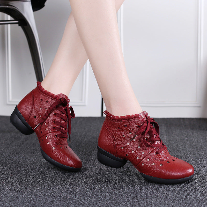 Women's Leather Hollow Out Lace-up 4cm Heel Dance Sneakers Practice Dance Shoes JazDance