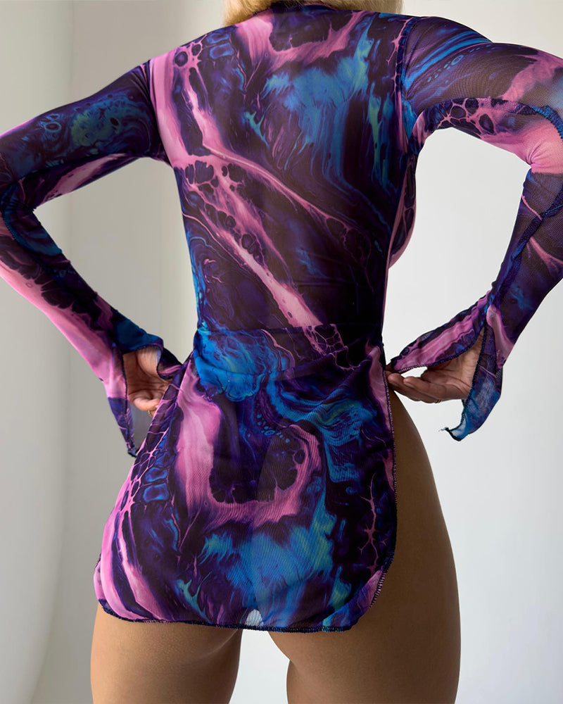 Tie-Dye Mesh High Side Slit Dress