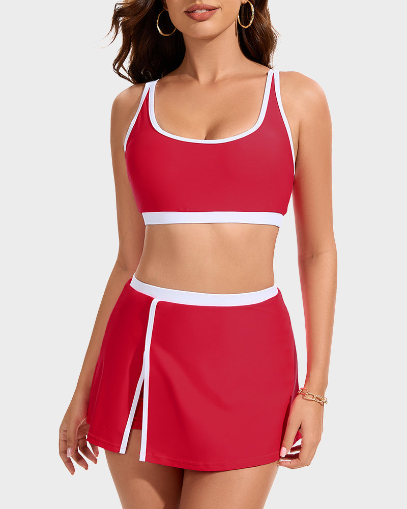 Sporty Color Block Side Slit Skirted Bikini Set