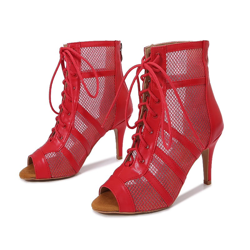 Women's Red Customized Dance Heels Rubber Sole Peep Toe Lace-up JazShoes Dance Boots