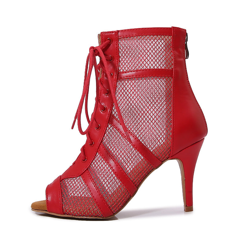 Women's Red Customized Dance Heels Rubber Sole Peep Toe Lace-up JazShoes Dance Boots