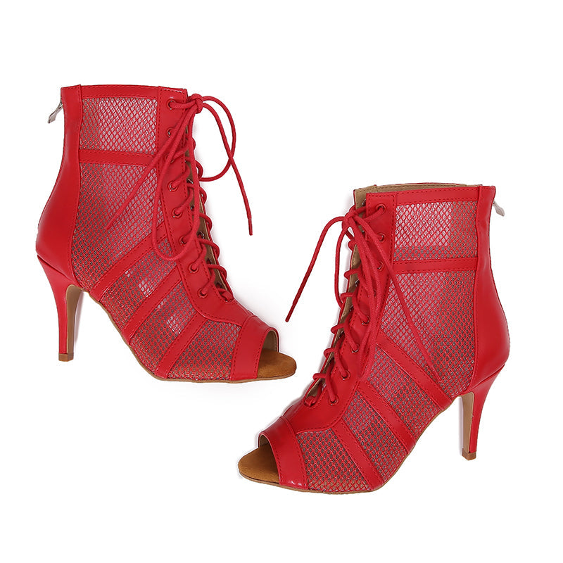 Women's Red Customized Dance Heels Rubber Sole Peep Toe Lace-up JazShoes Dance Boots
