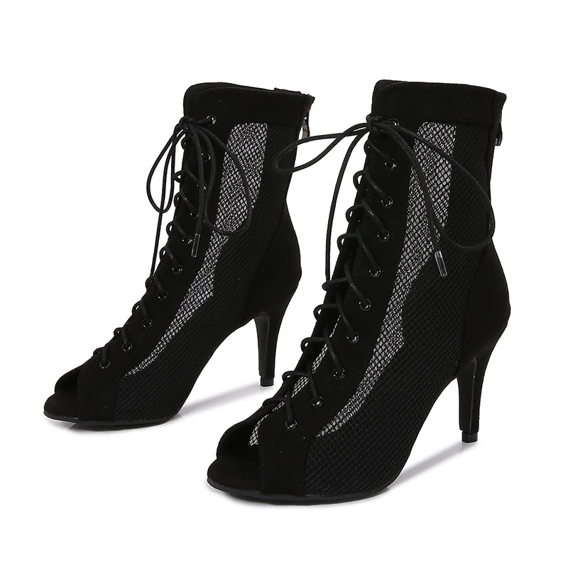 Women's Black Customized Dance Heels Rubber Sole Peep Toe Lace-up JazShoes Dance Boots
