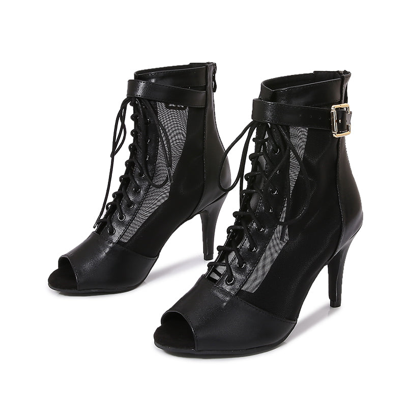 Women's Black Customized Dance Heels Rubber Sole Peep Toe Lace-up JazShoes Dance Boots