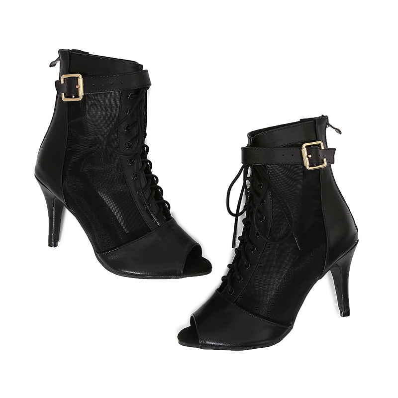 Women's Black Customized Dance Heels Rubber Sole Peep Toe Lace-up JazShoes Dance Boots