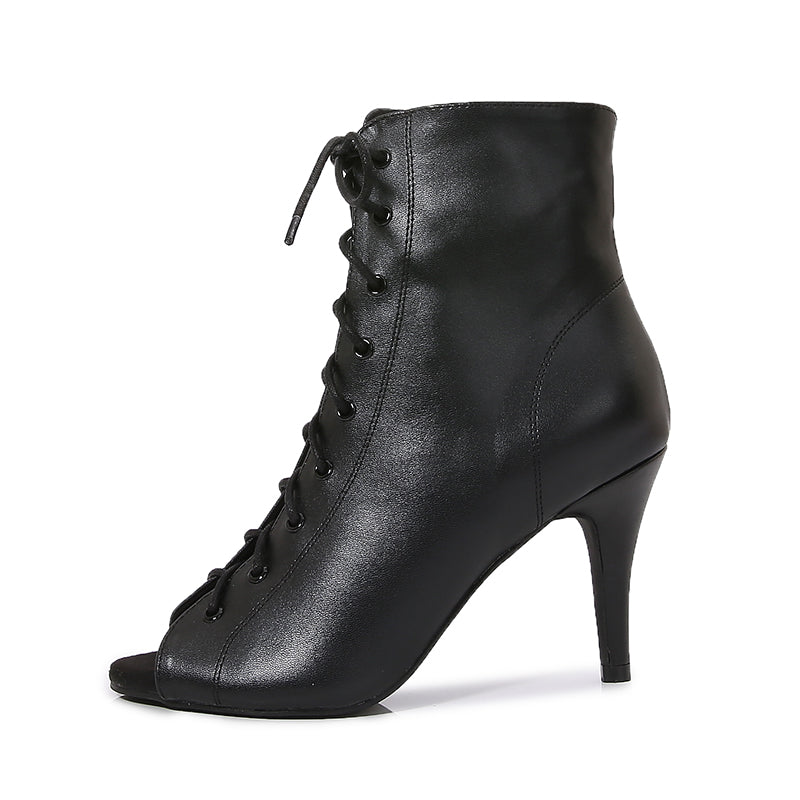 Women's Black Customized Dance Heels Rubber Sole Peep Toe Lace-up JazShoes Dance Boots