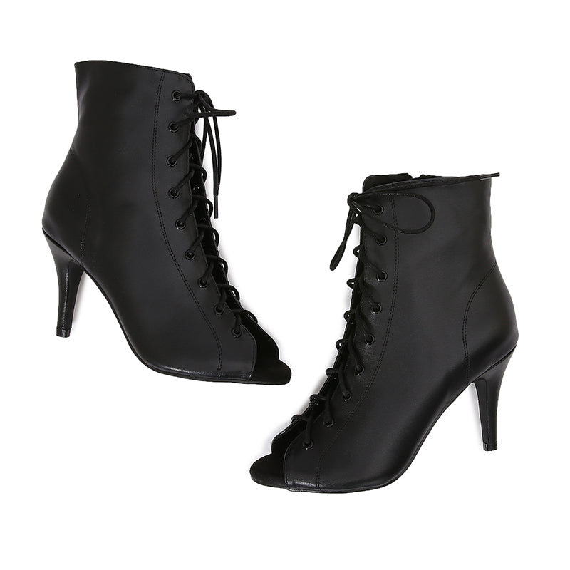 Women's Black Customized Dance Heels Rubber Sole Peep Toe Lace-up JazShoes Dance Boots