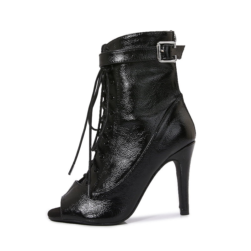 Women's Black Customized Dance Heels Rubber Sole Peep Toe Lace-up JazShoes Dance Boots
