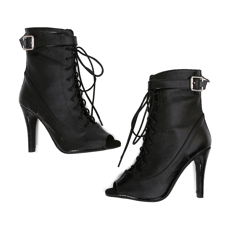Women's Black Customized Dance Heels Rubber Sole Peep Toe Lace-up JazShoes Dance Boots