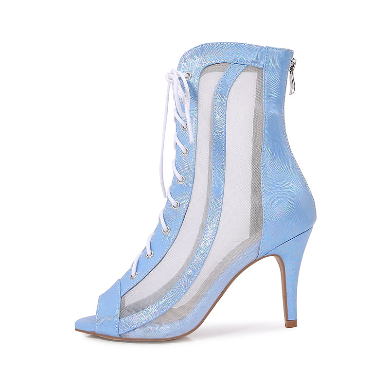 Women's Blue Customized Dance Heels Rubber Sole Peep Toe Lace-up JazShoes Dance Boots