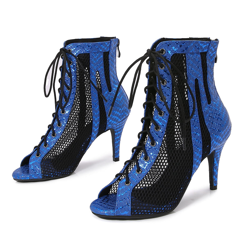 Women's Blue Customized Dance Heels Rubber Sole Peep Toe Lace-up JazShoes Dance Boots