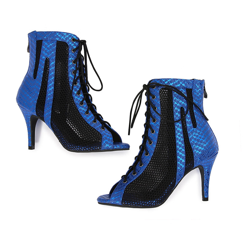 Women's Blue Customized Dance Heels Rubber Sole Peep Toe Lace-up JazShoes Dance Boots