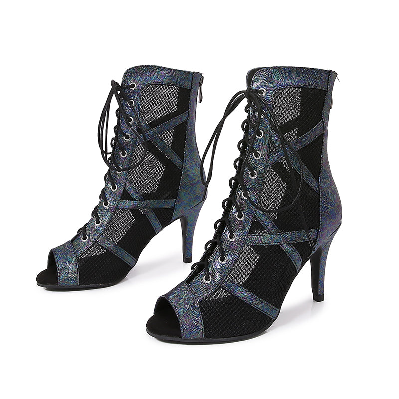 Women's Black Customized Dance Heels Rubber Sole Peep Toe Lace-up JazShoes Dance Boots