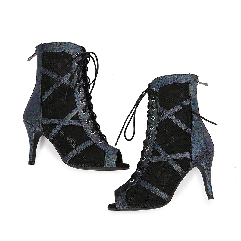 Women's Black Customized Dance Heels Rubber Sole Peep Toe Lace-up JazShoes Dance Boots