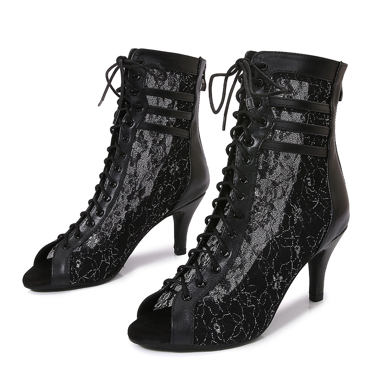 Women's Black Customized Dance Heels Rubber Sole Peep Toe Lace-up JazShoes Dance Boots