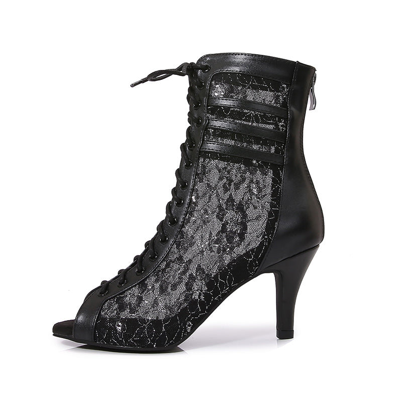 Women's Black Customized Dance Heels Rubber Sole Peep Toe Lace-up JazShoes Dance Boots