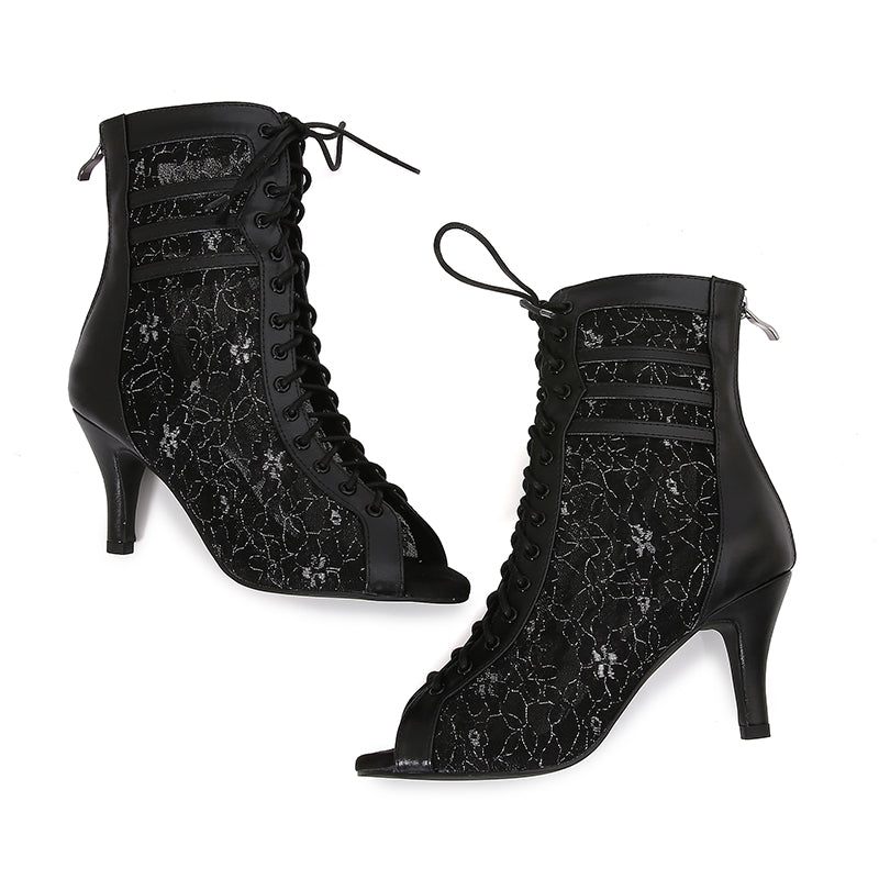 Women's Black Customized Dance Heels Rubber Sole Peep Toe Lace-up JazShoes Dance Boots